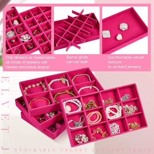 Junkin 12 Pcs Jewelry Tray Velvet Stackable Jewelry Organizer Trays Divided Earring Accessories Storage Containers Box (Rose Red) - color: Rose Red