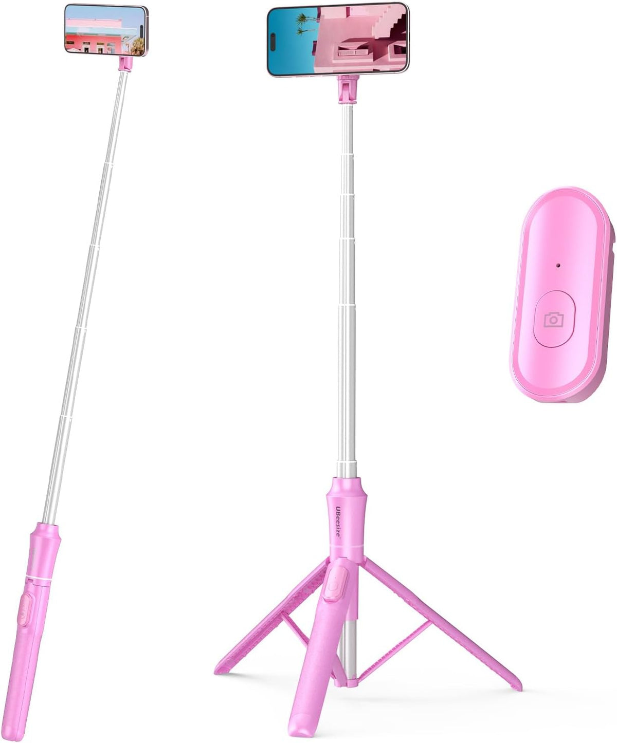 UBeesize 62'' Magnetic Selfie Stick Phone Tripod with Wireless Remote, Extendable Cell Phone Stand, Compatible with MagSafe, Cellphone Stand for iPhone 15 14 13 12 and Android Phones Pink