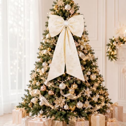 HunnmingRe 24x43 in Satin Bow with Pearl Christmas Tree Topper,Ivory White