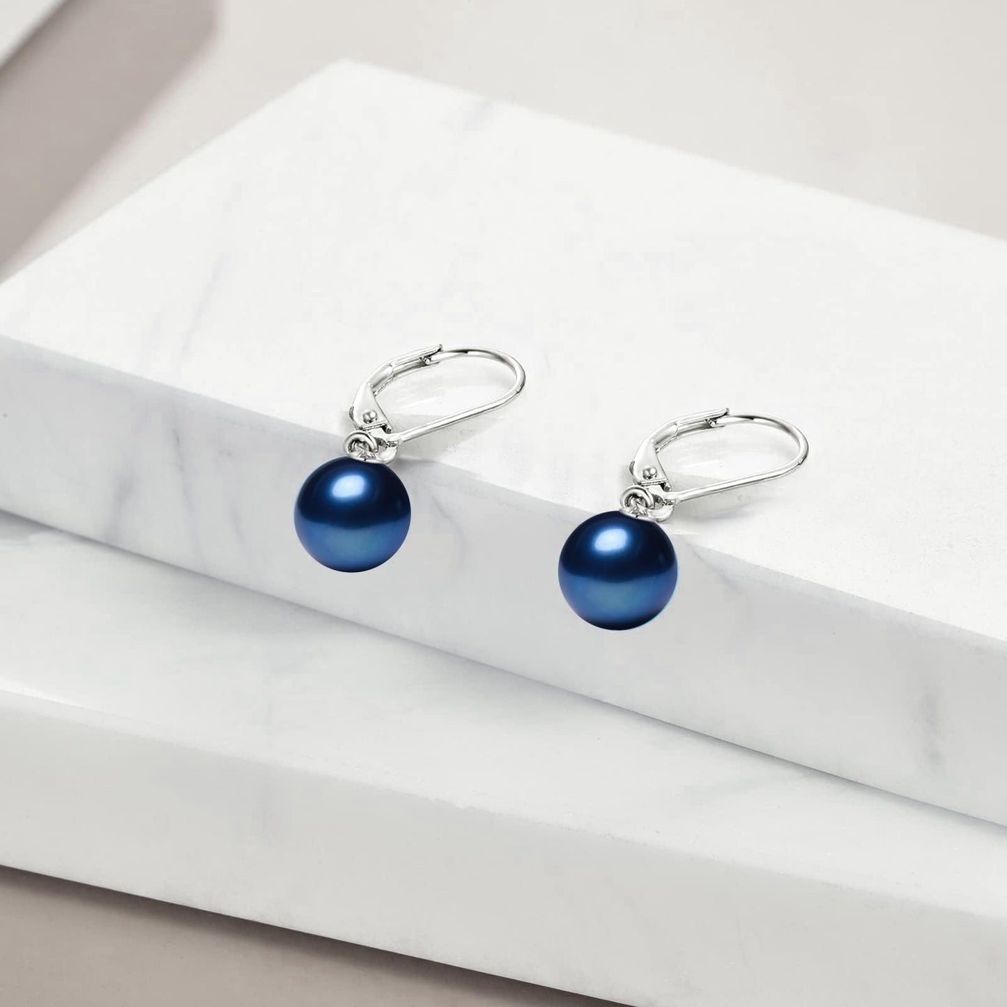 925 Sterling Silver Navy Blue Pearl Leverback Earrings Dangle Drop Jewelry Gifts for Women (Navy Blue Pearl)