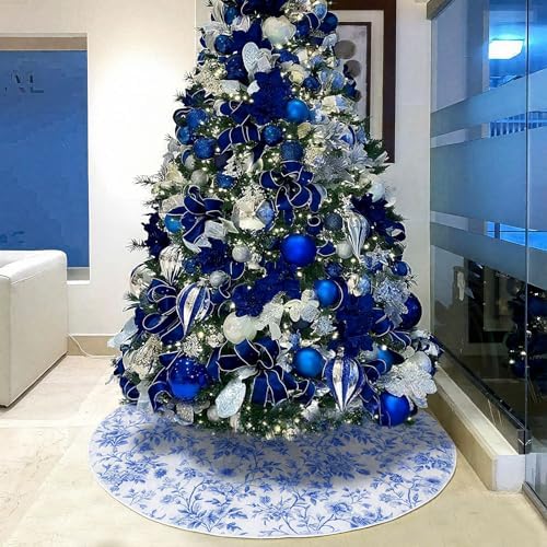 Blueweenly Blue and White Chinoiserie Christmas Tree Skirt 48 Inch Vintage Retro Chinoiserie Fabric Tree Skirt Cover Mat Farmhouse Decor for Xmas Holiday Party Decorations Indoor Outdoor