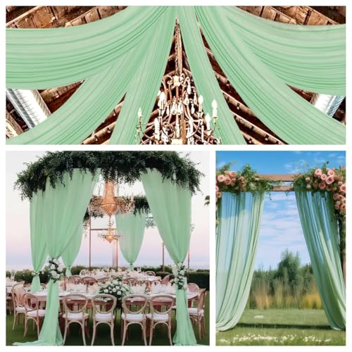 DUOBAO Chiffon Ceiling Drapes 20ft Sage Green Wedding Backdrops Sheer Backdrop Curtains for Reception Wedding Ceremony Sheer Arch Drapes Fabric Event Party Supplies 6 Panels 5×20feet - color: Sage Green, size: 60"W x 240"L (Pack of 6)
