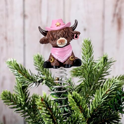 Gejoy Western Cowgirl Highland Cow Miniature Tree Topper, 5.1 Inches Mini Resin Calf Figurine with Pink Cowboy Hat & Bandana, Cute Cowgirl Cow Lovers Gifts for Western Farmhouse Home Office Decor