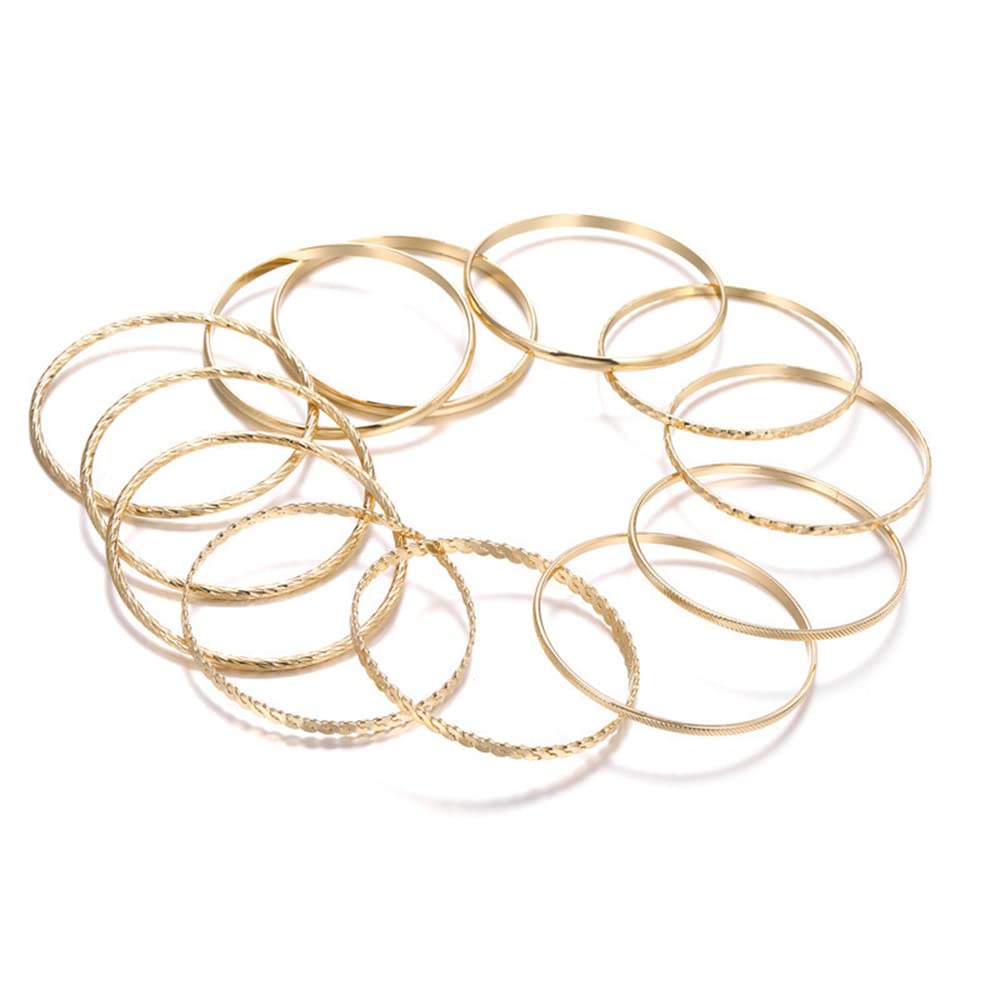 RINTOLER 12Pcs Gold Bangles for Women - Multi Layer Stackable Textured Gold Bracelets Boho Jewelrys Set.