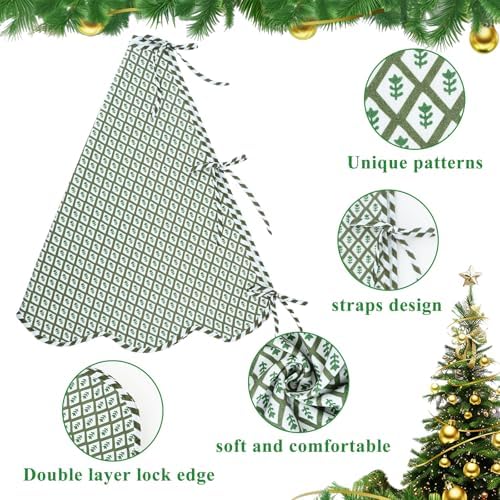45 Inch Christmas Tree Skirt Vintage Green Plaid Floral Block Print Tree Skirts with Scalloped Edge, Classic Xmas Tree Skirt for Merry Christmas Party Holiday Home Farmhouse Indoor Outdoor Decorations
