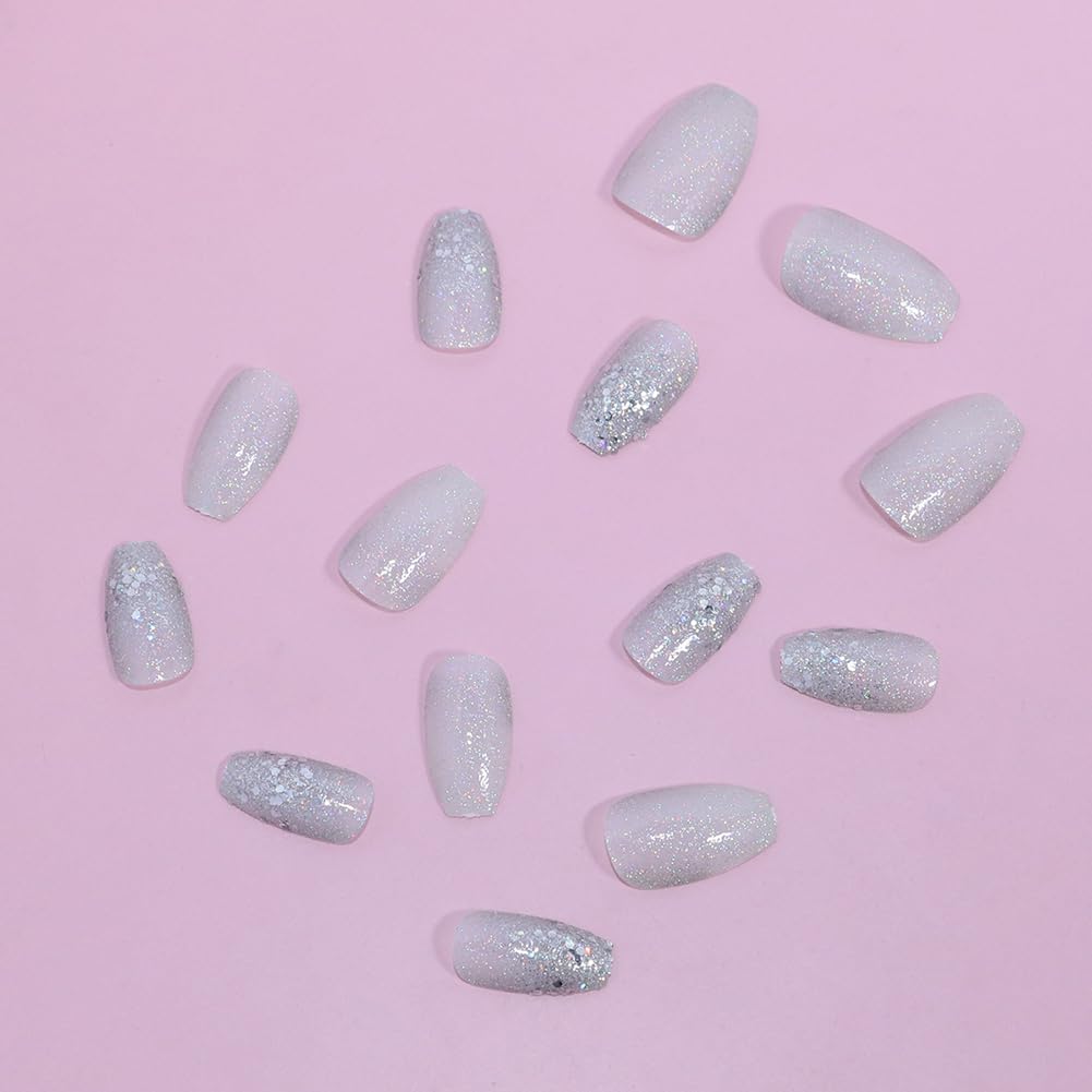 Hrnsnails Glitter Press On Nails Medium Coffin Fake Nails with Silver Bling Glitte Nail Press Ons Design, Artificial False Nails Press On Nail Kit Sparkly Sequins Stick On Nails for Women