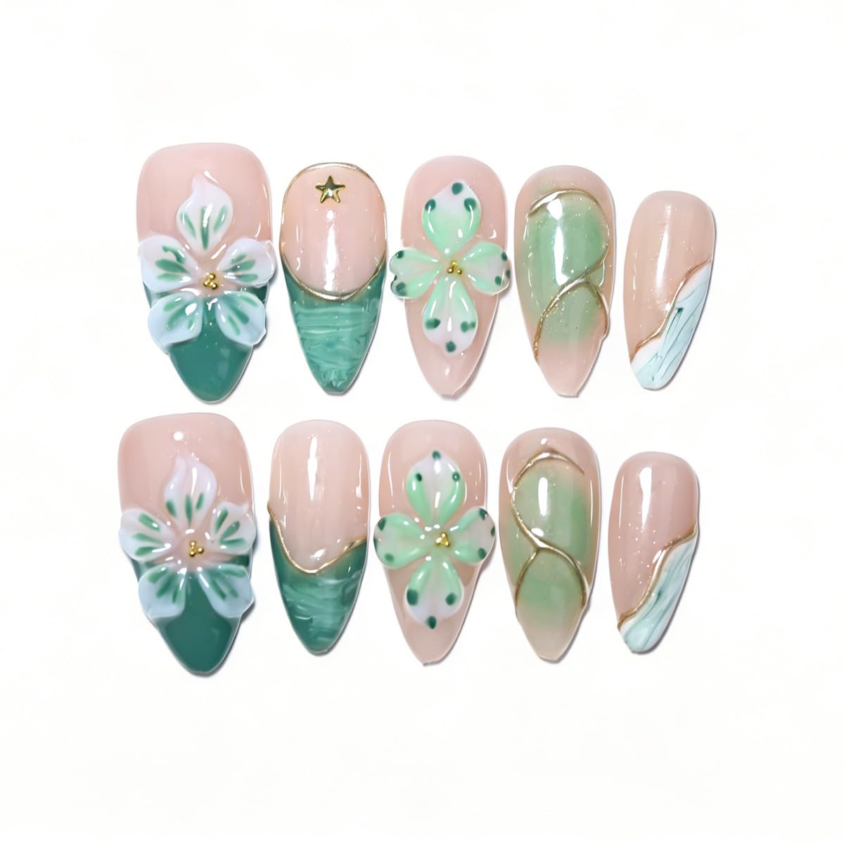 10Pcs Medium Almond Handmade Press On Nails | Easy Apply & Remove, Reusable Salon Quality Nails | Fresh Nude & Green Fake Nails with 3D Floral, Gold Star & Line Accents (5U09, M)