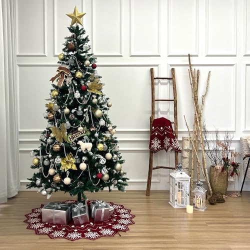 36-Inch Reversible Knit Tree Skirt with Christmas Star–Inspired Pointed Edge Border and Lace-Up Closures, Machine Washable Thick Acrylic Yarn, Burgundy & White