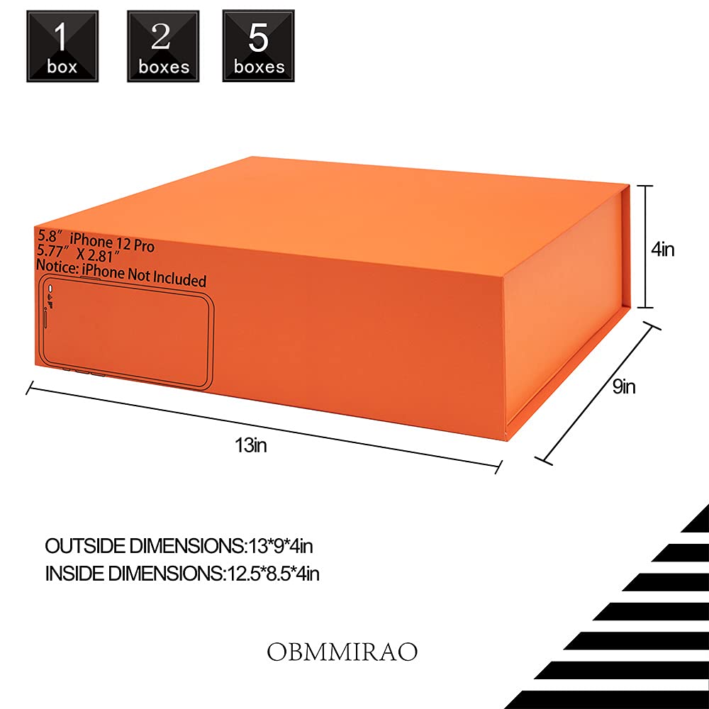 OBMMIRAO Upgrade 1PCS 13x9x4 Inch Hard Large Orange Gift Box with Lid, Foldable Magnetic Gift Boxes,Groomsman Box bridesmaid proposal box, Reusable Gift Boxes for Clothes