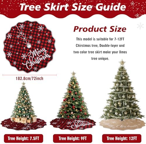 OurWarm 72 Inch Christmas Tree Skirt, Buffalo Plaid Tree Skirt for 7.5 ft Tree to 12ft Tree, Double Sided Burlap Tree Skirt Snowflake Xmas Tree Skirts for Winter Rustic Boho Farmhouse Tree Decor