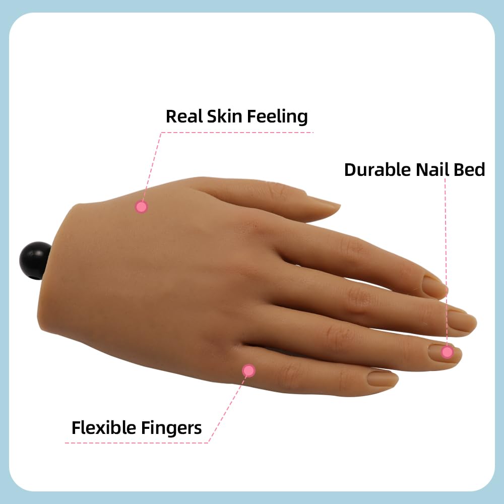 KnowU Silicone Nail Practice Hand, Acrylic Nails Manicure Model, Durable Nail Training Mannequin for Beginners and Professionals, Brown