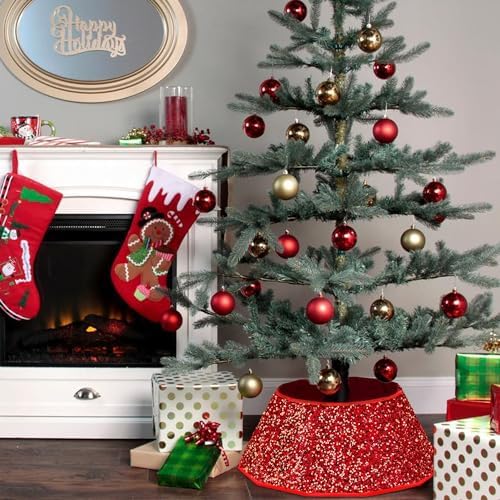 Blissun Christmas Tree Collar, Sequin Christmas Tree Skirt, Foldable Tree Ring, Xmas Tree Stand Base Cover for Christmas Tree Decoration, Round Red