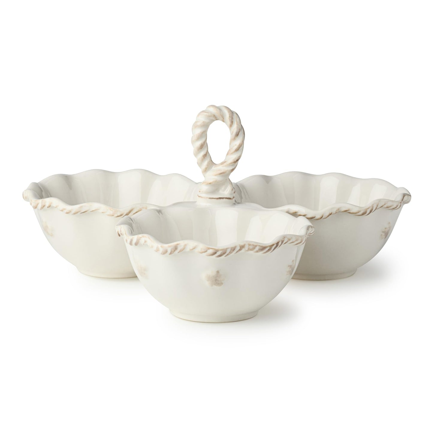 Heritage 3 Section Stoneware Condiment Server with Handle – Divided 8oz Bowls, 9.25" x 9" x 4.75" – Elegant Ivory Dish with Embossed Details, Ideal for Dips, Nuts & Snacks