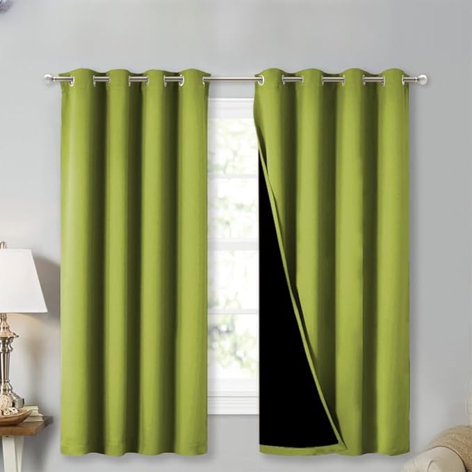 NICETOWN 100% Blackout Curtains with Black Liners, Fresh Green, 2 Panels, 52-inch W by 63-inch L, Thermal Insulated Full Blackout 2-Layer Lined Drapes, Energy Efficiency Window Draperies for Bedroom
