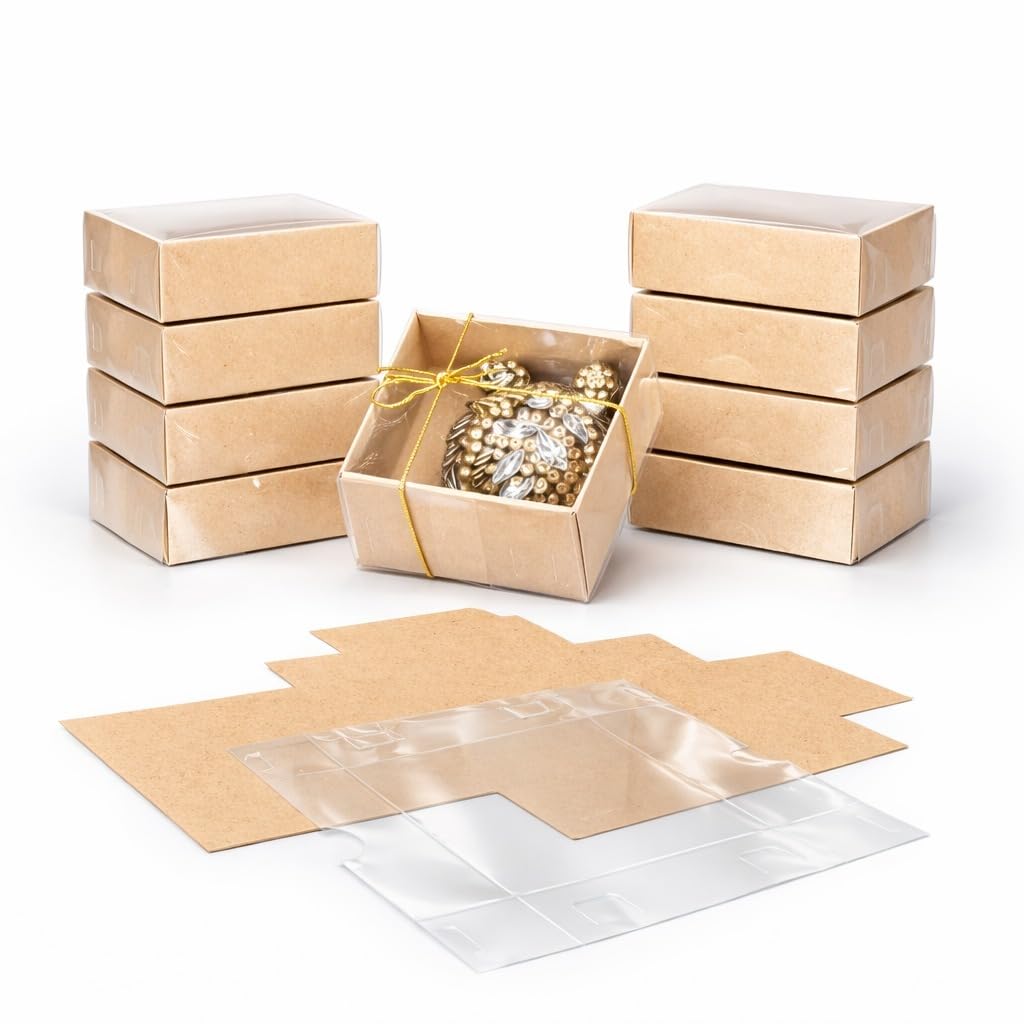 novamem since 2024 Premium Kraft Gift Boxes with Clear Window - 25 Pack Small Favor Boxes for Elegant Gift Packaging, Jewelry, Candy & Small Business (2.76 x 2.76 x 1.18 in)