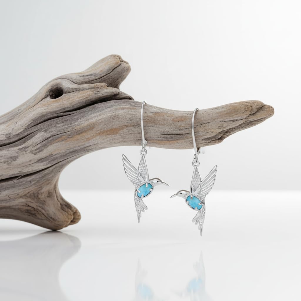 BETHZA Hummingbird Earrings 925 Sterling Silver Genuine Larimar Hummingbirds Drop Dangle Earring Animal Jewelry Gifts for Women