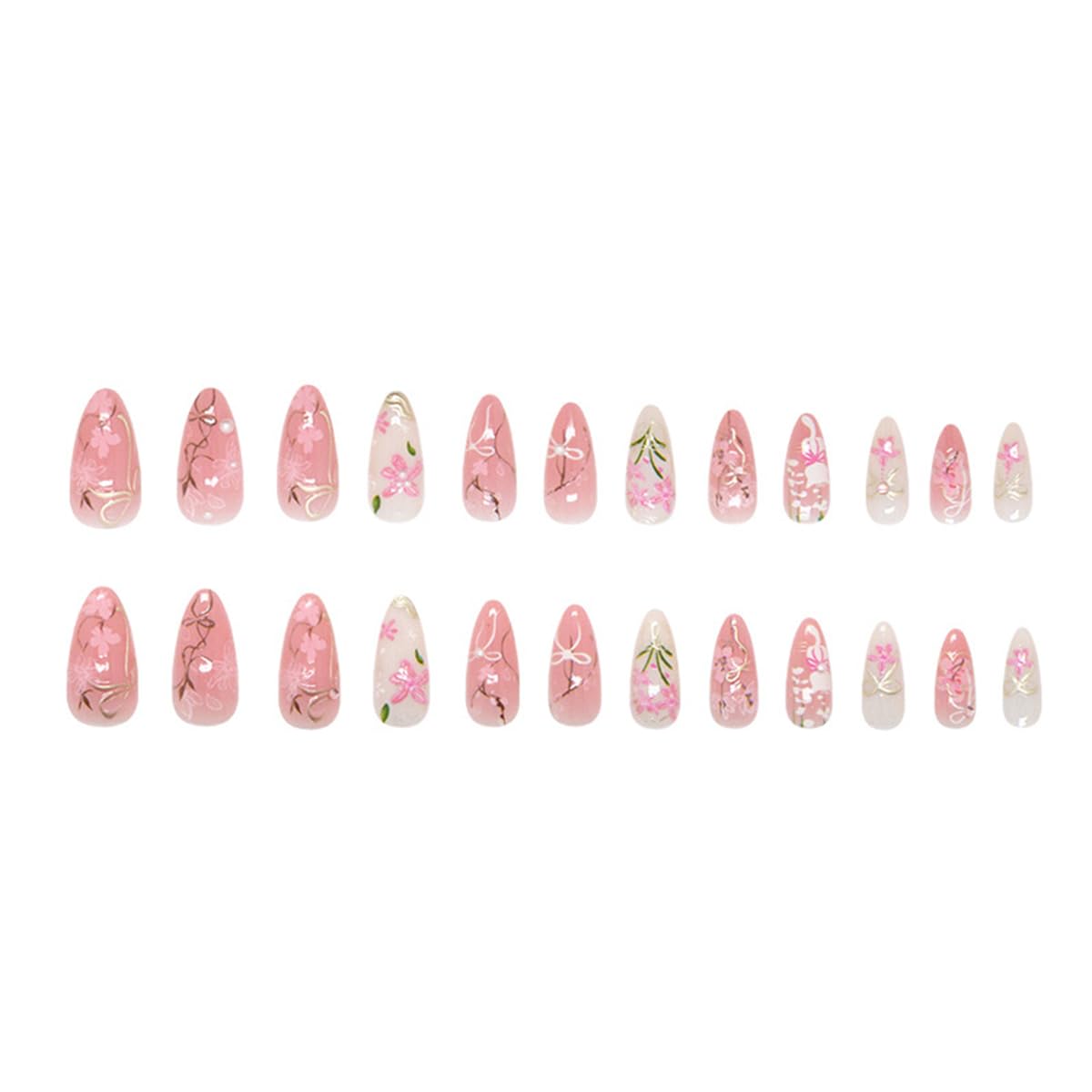 24Pcs Cute Spring Floral Press on Nails Medium Almond Fake Nails Pink Cherry Blossom Bow False Nails with Pearl & Cat Design Reusable Acrylic Glue on Nails for Women Summer Party Manicure Decorations