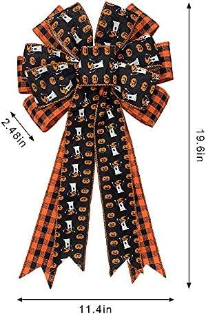 Large Black Red Buffalo Plaid Wreath Bow - Ghost Pumpkin Halloween Decoration for Indoor/Outdoor Wall/Door