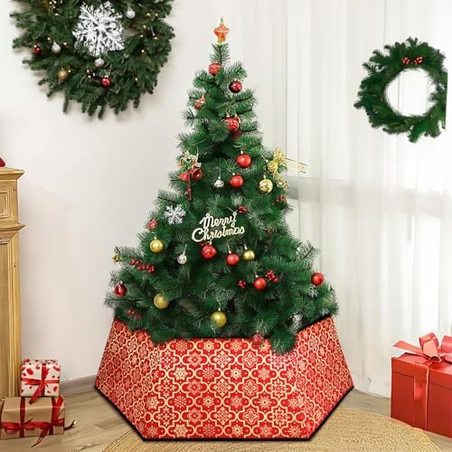 Christmas Tree Collar, Red Christmas Tree Collar, Gold Snowflake Christmas Trees Skirt, Square Christmas Trees Ring, Foldable Hexagon Xmas Tree Skirt, Snowflake Decor for Holiday Party Home, 31 inch
