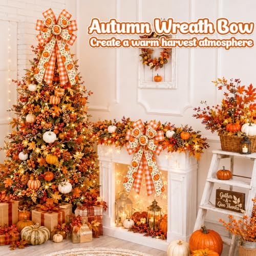 Fall Pumpkin Bow 2 Pack, 20.8 x 11.42 Inch Thanksgiving Wreath Bows with Orange Buffalo Plaid Ribbon, Large Harvest Farmhouse Door Bows for Front Door, Wall, Window, Garland, Autumn Home Decor