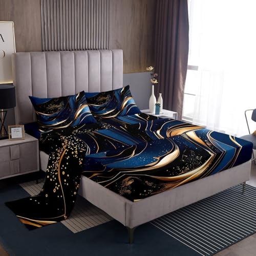 Feelyou Geometric Bed Sheets Set Full Size Modern Art Bedding Set for Kids Boys Girls Modern Marble Aesthetic Sheets with Deep Pocket Fitted Sheet Abstract Marble Texture Printed Bedding Set - color: Dark Blue, size: Full