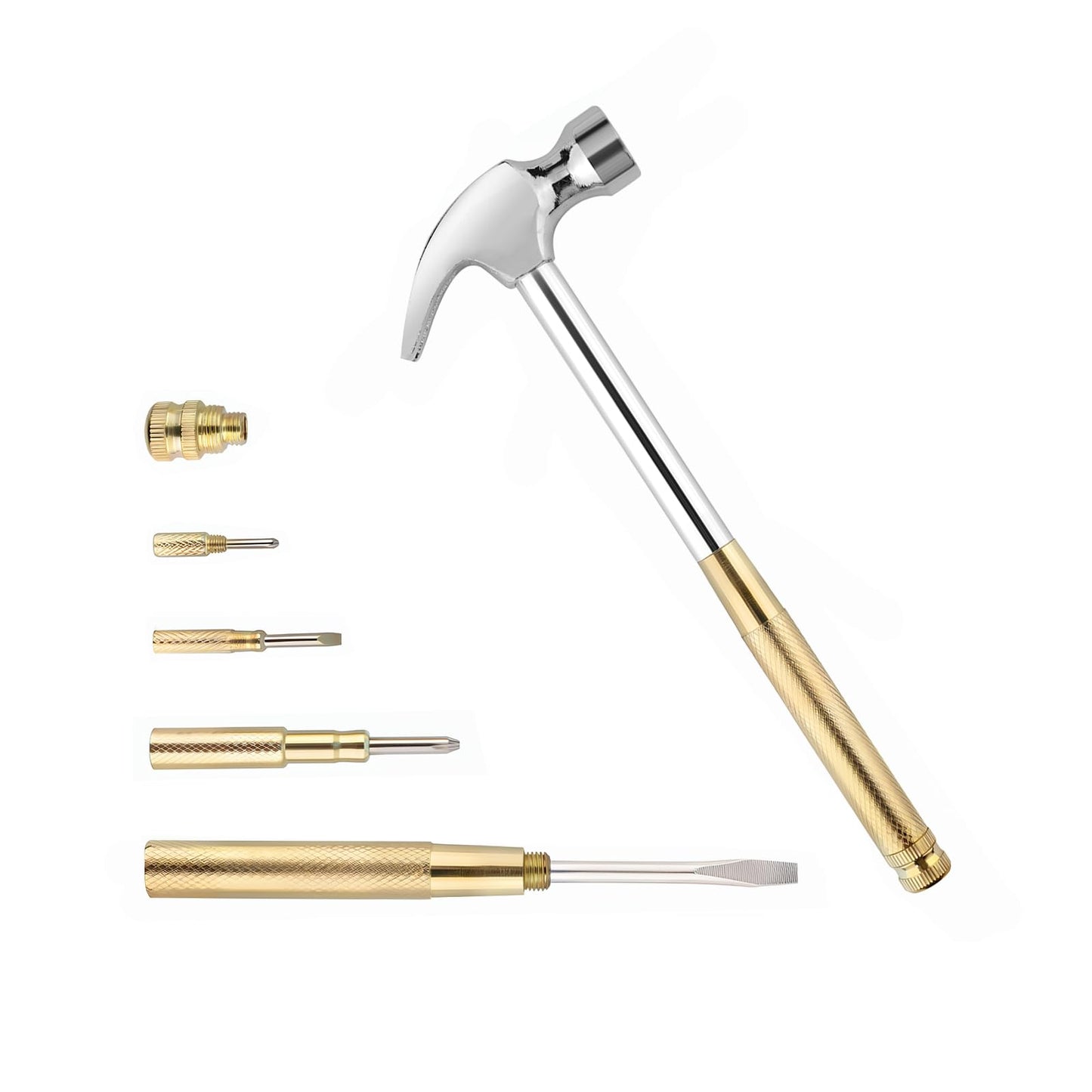 LANDIBO 6-in-1 Multi-Tool Camping Hammer Set with Slotted/Flat Head Phillips Screwdriver for Mechanical Maintenance, Interior Decoration, Outdoor Adventures, Best Gift (Silvery-yellow)