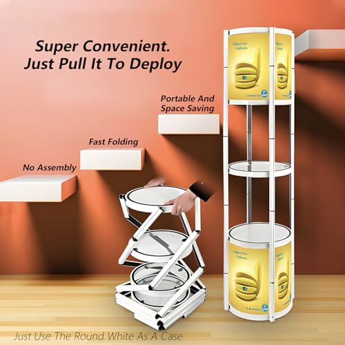 Foldable Display Case,Portable Display Cabinet,Retail Display Racks,Storage Showcase Cabinets Luminescent with LED-Light for Tradeshow Display,Tradeshow Booths ,White Round 4-Shelves 18x76inch - size: 18x76"