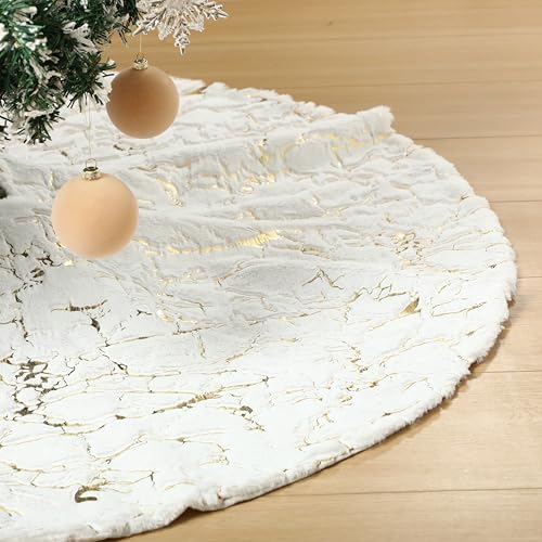 Arrowbash 48 Inch Christmas Tree Skirt Decor, Gold Marble Pattern, White