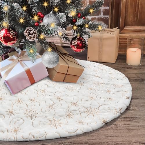 Dremisland Christmas Tree Skirt 36In White&Gold Tree Skirt with Snowflake