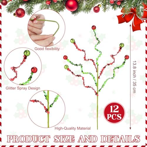 Norme 12 Pcs Christmas Tree Picks Elegant Style, 13.8" Red Green Glitter