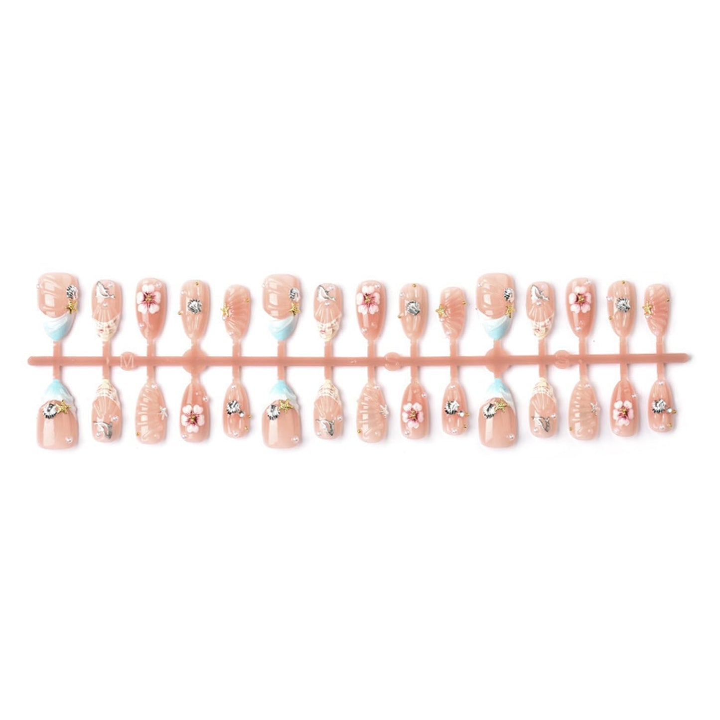 Summer Beach Press on Nails Medium Almond Fake Nails 3D Flower Pearls Design False Nails Silver Ocean Starfish Seashell Rhinestone Acrylic Nails Water Ripples French Tip Stick on Nail for Women 30Pcs