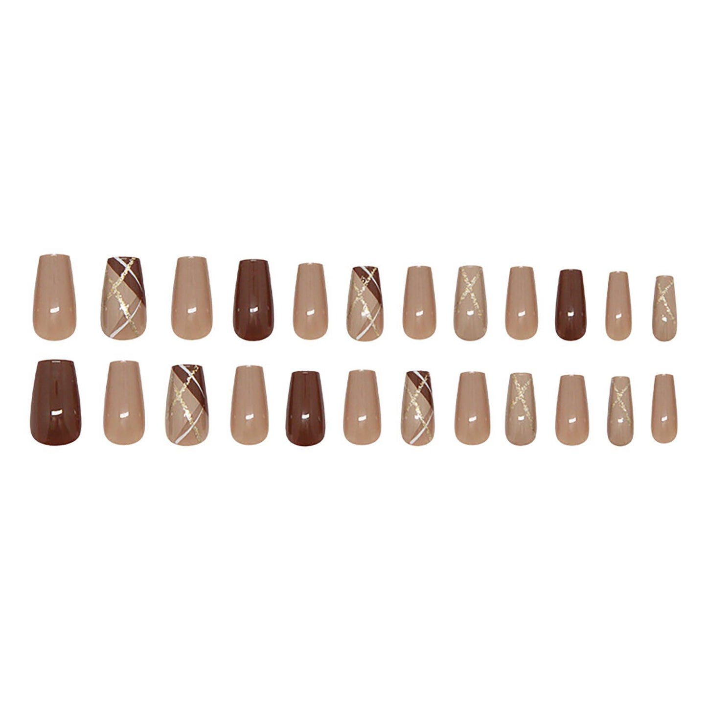 Square Press on Nails Medium Fake Nails Brown False Nails Press ons with Geometric Pattern Glitter Full Cover Acrylic Nails Stick on Nail for Women 24Pcs