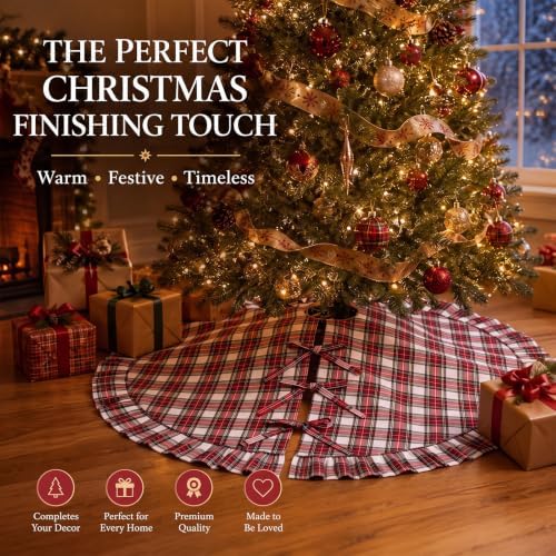 48 Inch Plaid Christmas Tree Skirt with Ruffle, Red White Yellow