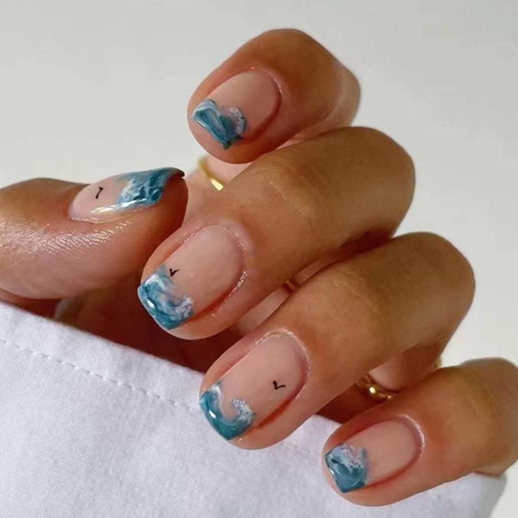 Foccna Glossy French Tip Press on False Nails-Tips Short Square Fake Fingers Nails Ocean Desig False Nails with Jelly Sticker 24PCS