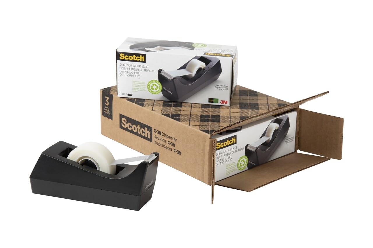 Scotch Desktop Tape Dispenser, Black, 2.7 in. x 2.7 in. x 6.4 in., 3 Tape Dispensers