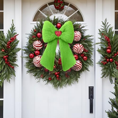 Soulchen 2 Pcs Extra Large Green Christmas Bows Ornaments 23.6" x 13.8" Lime Green Plush Christmas Tree Topper Decorations Furry Xmas Tree Topper for Wreath Door Window Fireplace Staircase Decor