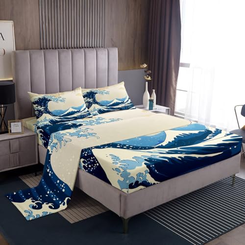 Great Wave Bed Sheets Japanese Ocean Wave Sheet Set, Mount Fuji Bed Sheet with Art Nature Home Decoration for Living Room Bedroom Dorm Decor Bedding Sheets & Pillowcases Japanese Style Top Sheet,Twin - color: Multi 03, size: Twin