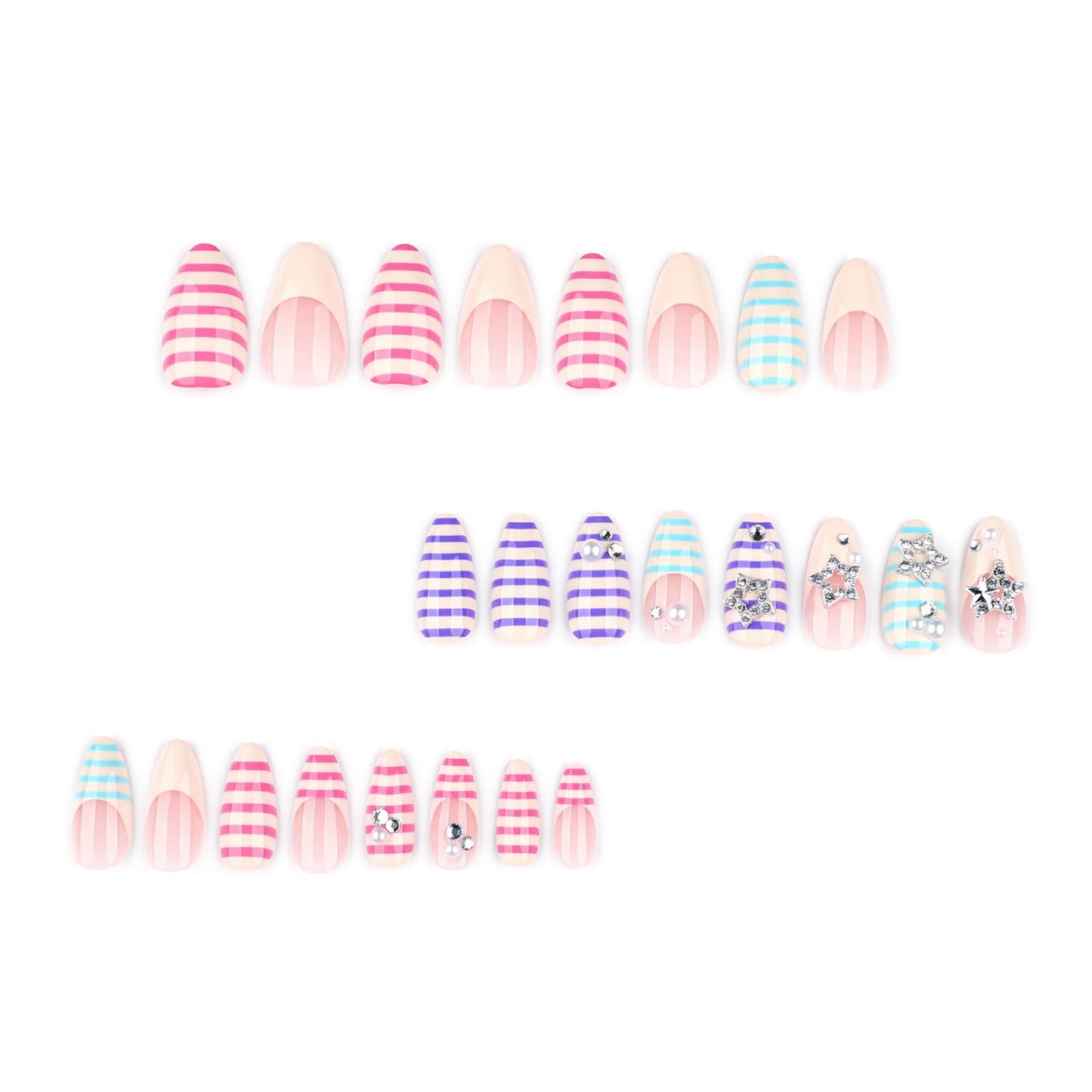 Mivota Soft Gel Press On Nails Medium Almond Colorful Stripe Design with 3D Star & Pearl, Reusable Glue On Fake Nails for Women, Cute Y2K Salon Manicure Set 24PCS