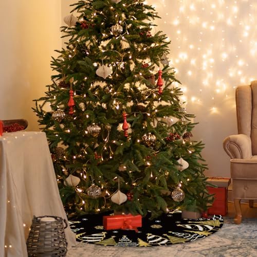 Black Gold Christmas Tree Skirt, 48 Inch Xmas Trees Glistening Snow Crystal Tree Cover Holiday Home Decoration for Seasonal Celebrations, Winter Gathering Interior Decor