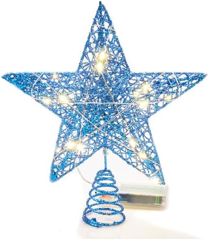 Emopeak 20 LED Christmas Tree Topper, 8 x 10 Inch Indoor Iron Art Star Treetop Light, Two Modes (Keep Light ON/Flash) (Blue, 8"/20CM)