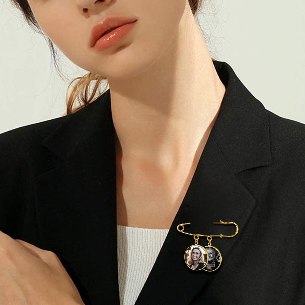 Custom4U Memorial Charm for Wedding Bouquet Round Shaped Memory Charms Brooch Pins Funeral Boutonniere with 2 Pictures Engraved
