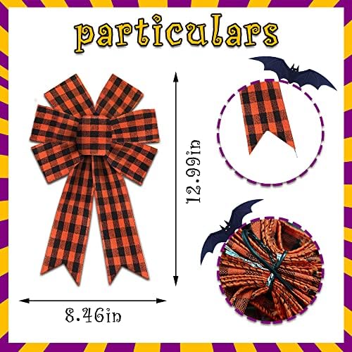 Heureppy 2pcs Halloween Wreath Bows Decor Bow Orange Buffalo Plaid Burlap for Wreaths, Tree Topper Home Decoration Ornament Supplies