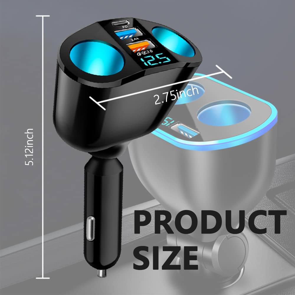 5 Port Cigarette Lighter Splitter,QC3.0&PD 20W Super Fast Car Charger with Dual Cigarette Lighter Plug with LED Voltmeter Compatible with iPhone 15 Pro iPad Dash Cam GPS (PD+QC+2.4A) 2Pcs