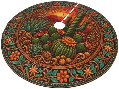 Western Cactus Christmas Tree Skirt Xmas Tree Skirt, Winter Christmas Tree Mat for Home Party Holiday Indoor Outdoor Decorations