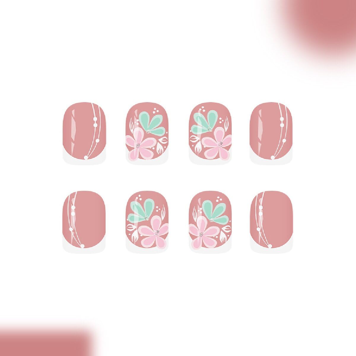 White French Tip Press on Nails Square Short Fake Nails with Flower Design Full Cover Spring Stick on False Nails for Women 24 Pcs