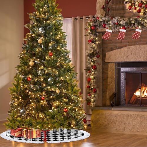 Xmas Tree Skirt 48" Inch,Black and White Houndstooth White Tassel Edge Rustic Christmas Tree Skirts for Party Holiday Decorations Xmas Ornaments