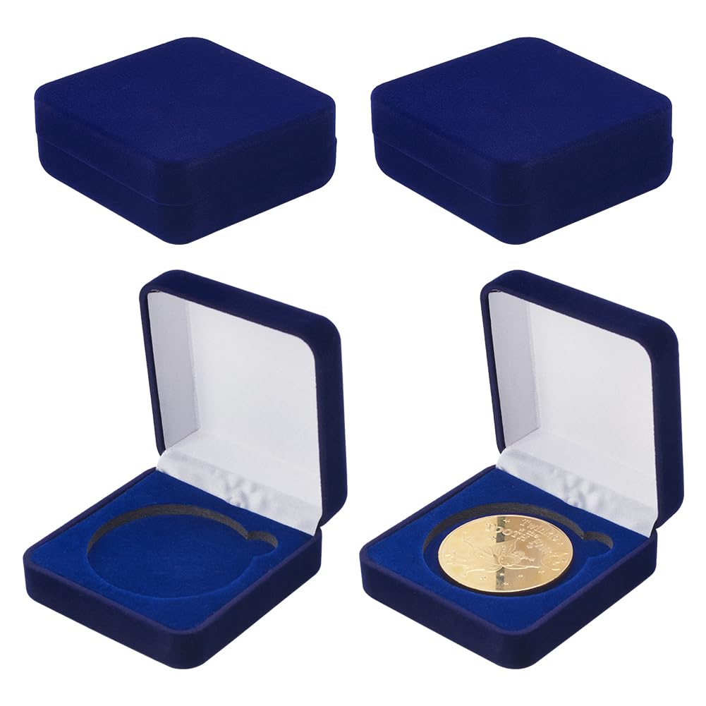 FINGERINSPIRE 4 Pcs 40mm Midnight Blue Velvet Challenge Coin Storage Gift Box 2.58x2.58x1.4 Square Badge Presentation Display Box Single School Emblem Badge Display Holder Medal Storage Case