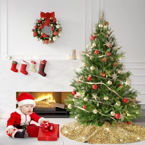MODFUNS Gold Christmas Tree Skirts 36 Inches Sequence Christmas Tree Skirt Embroidered Christmas Tree Mats Farmhouse Round Merry Christmas Tree Skirt for New Year Birthday Ornament