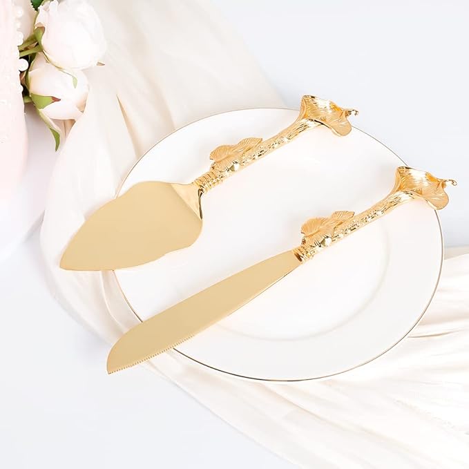 TUKDAK Cake Cutting Set for Wedding, Personalized Gold Cake Knife and Server Set, Custom Cake Serving Set, Engraved Pastry Pie Server Cake Pizza Cutter, Birthday Bridal Gift (F-Rustic)