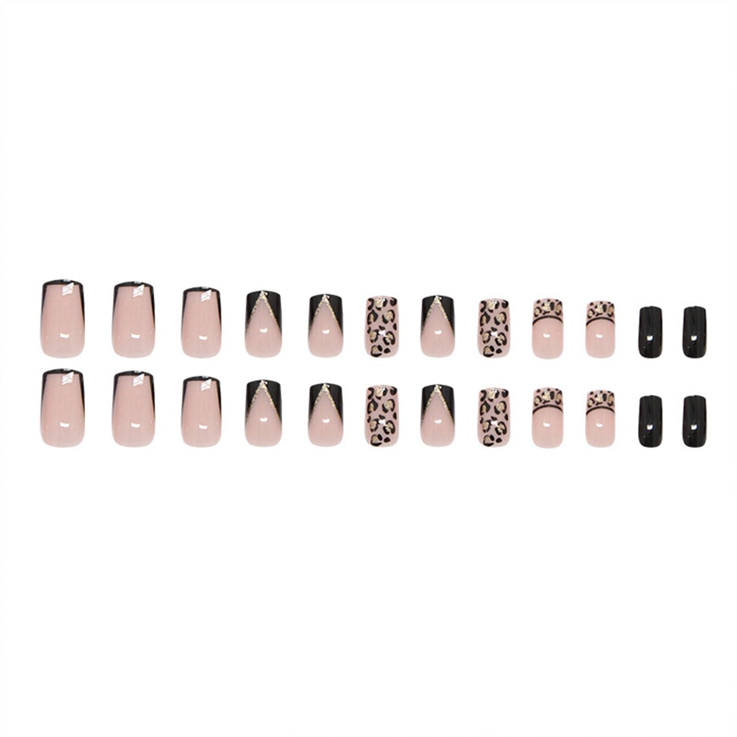 SINHOT Press on Nails - Short Square Fake Nails, Glossy Finish, Black French Tip & Cheetah, DIY Artificial False Nail Art - 24 Pcs Nail Kit with Glue